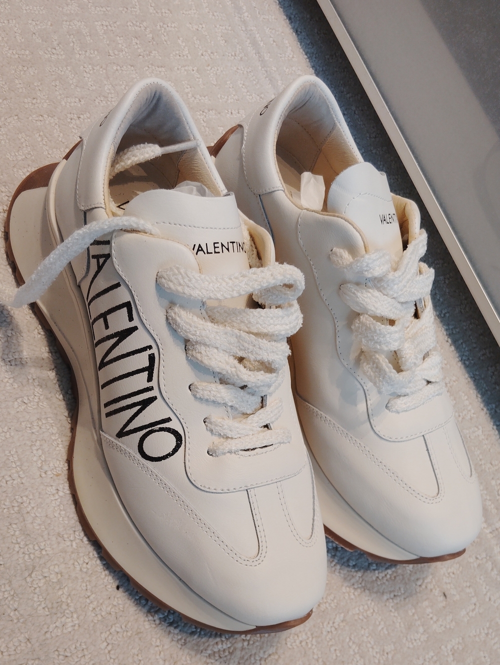 Valentino White Leather Logo Trainer Sneakers with Brown Sole